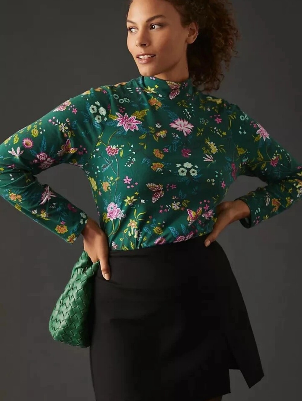 ANTHROPOLOGIE MAEVE Green Cotton Feminine Floral Mock-Neck Long-Sleeve Top XS